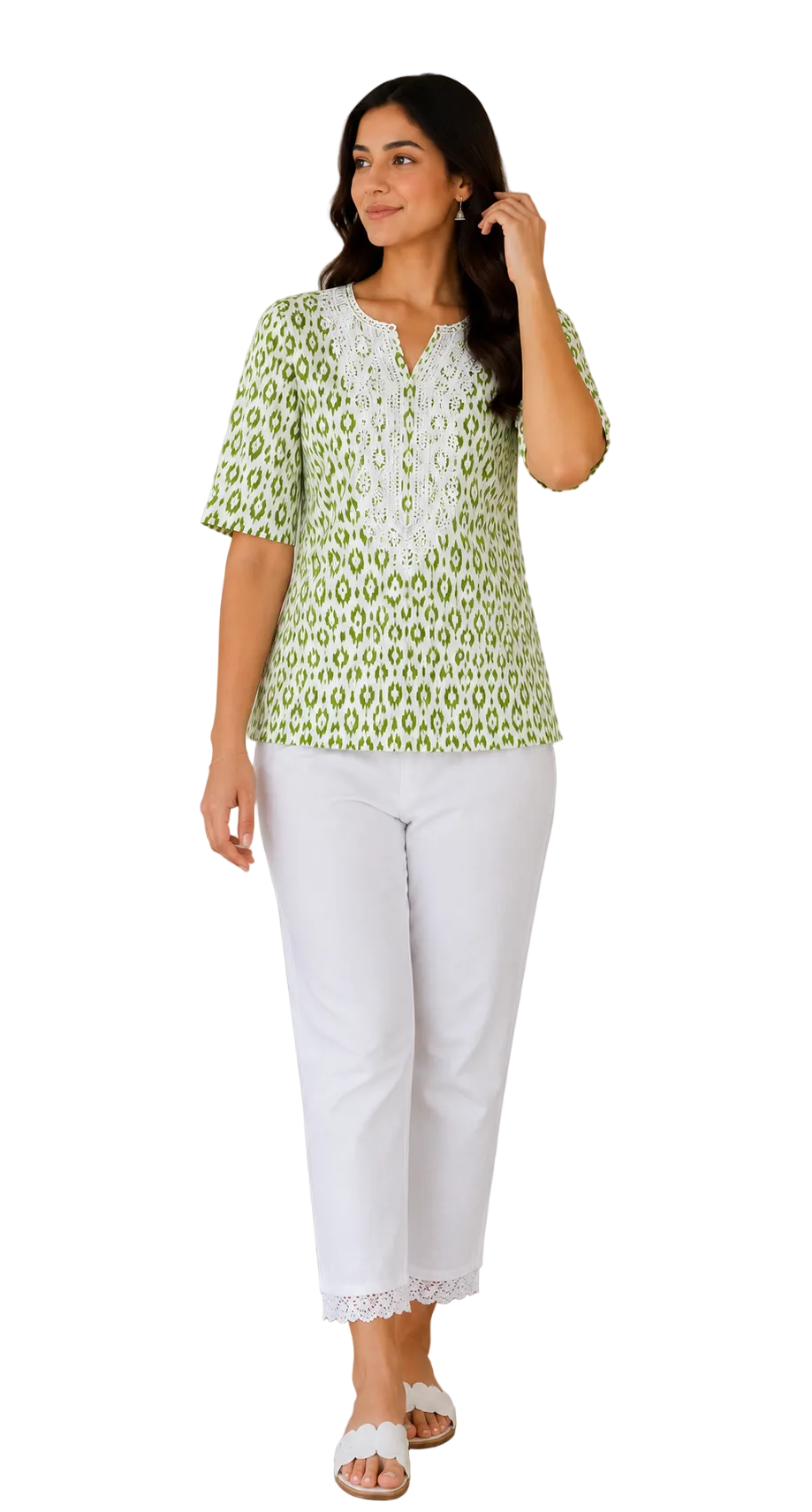 Vastraanii Women's Green Ikat Printed Cotton Top | Embroidered Yoke | Half Sleeves