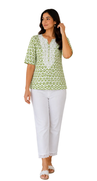Vastraanii Women's Green Ikat Printed Cotton Top | Embroidered Yoke | Half Sleeves