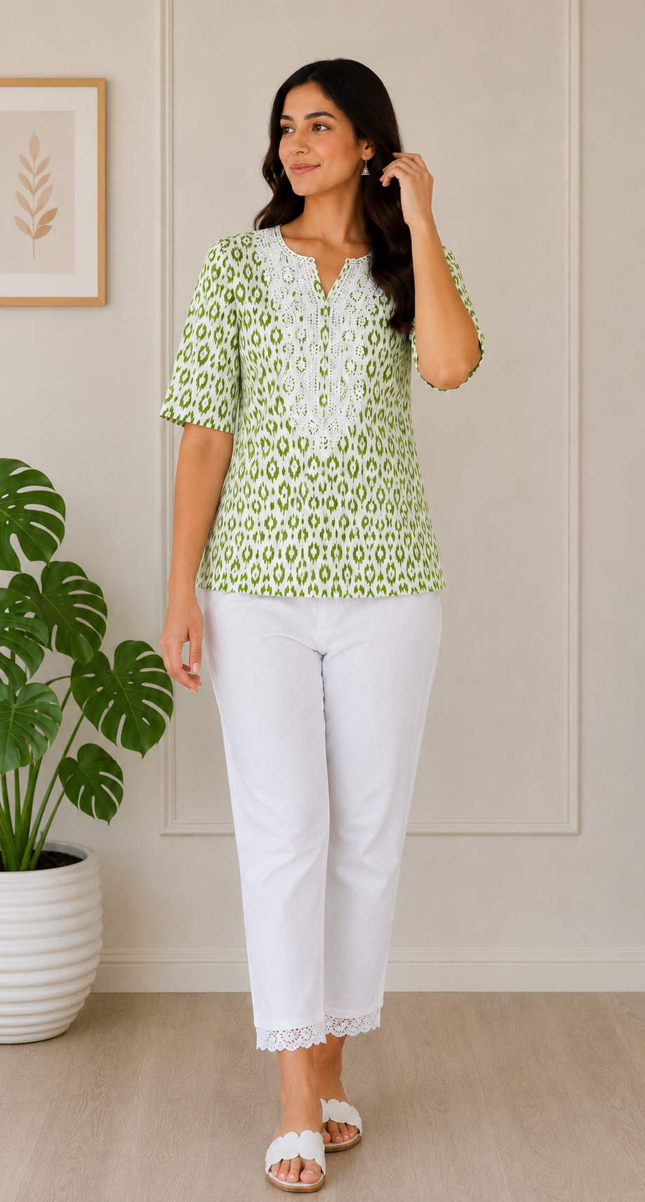 Vastraanii Women's Green Ikat Printed Cotton Top | Embroidered Yoke | Half Sleeves