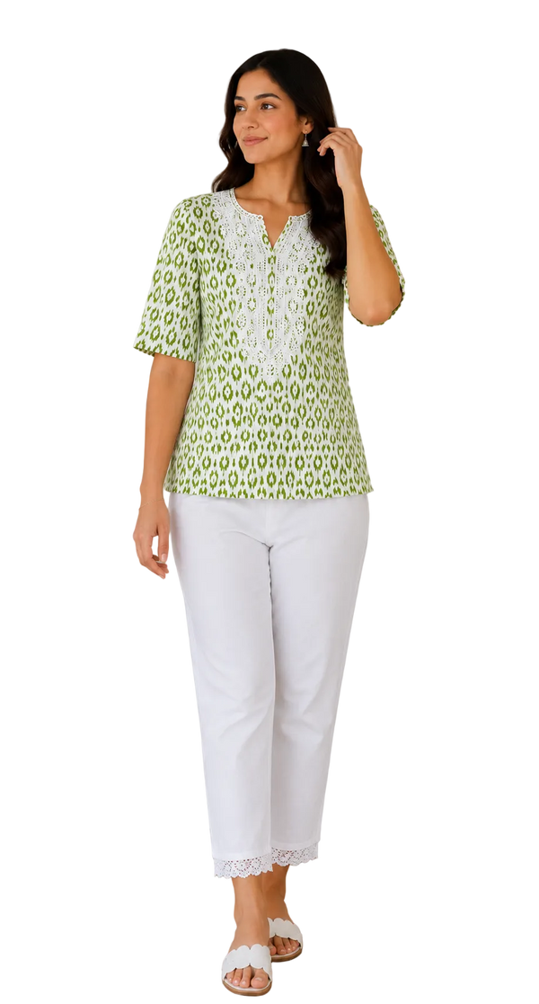 Vastraanii Women's Green Ikat Printed Cotton Top | Embroidered Yoke | Half Sleeves