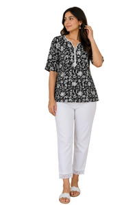 Vastraanii Women's Black Floral Printed Cotton Top with Lace V-Neck