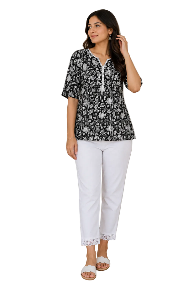 Vastraanii Women's Black Floral Printed Cotton Top with Lace V-Neck