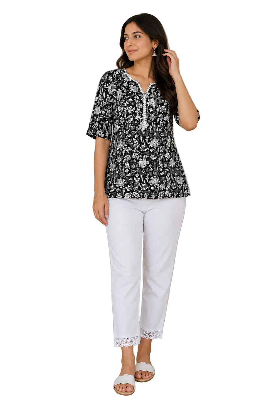 Vastraanii Women's Black Floral Printed Cotton Top with Lace V-Neck