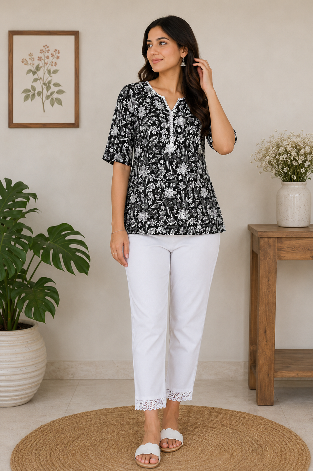 Vastraanii Women's Black Floral Printed Cotton Top with Lace V-Neck