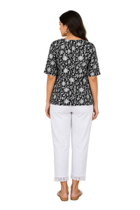 Vastraanii Women's Black Floral Printed Cotton Top with Lace V-Neck