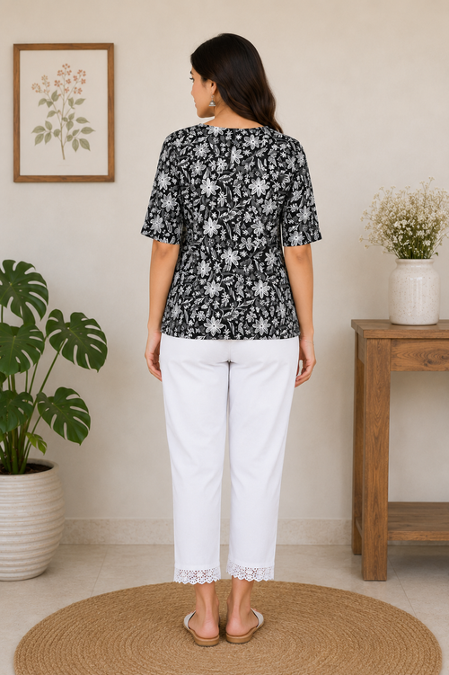 Vastraanii Women's Black Floral Printed Cotton Top with Lace V-Neck
