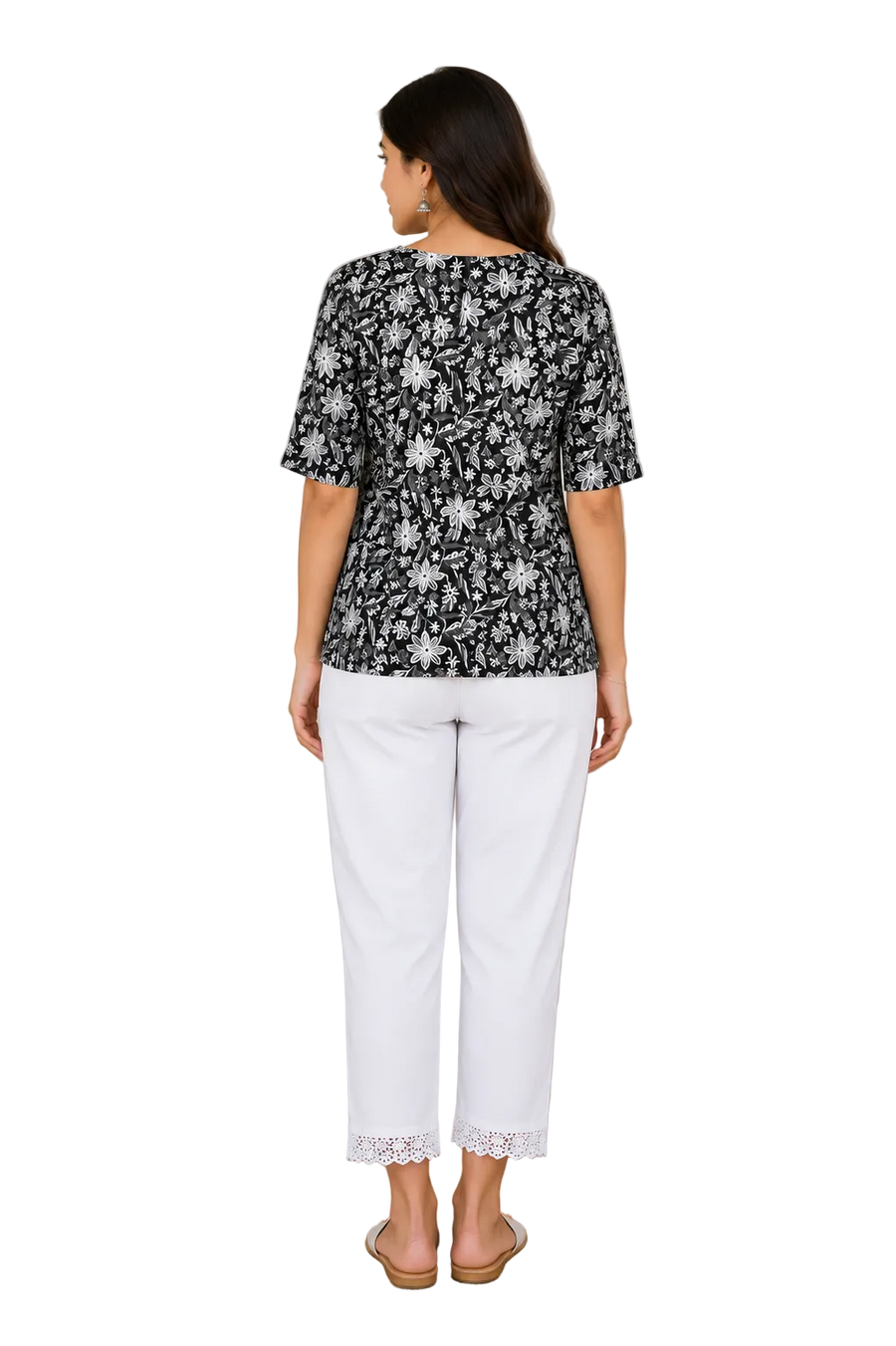 Vastraanii Women's Black Floral Printed Cotton Top with Lace V-Neck