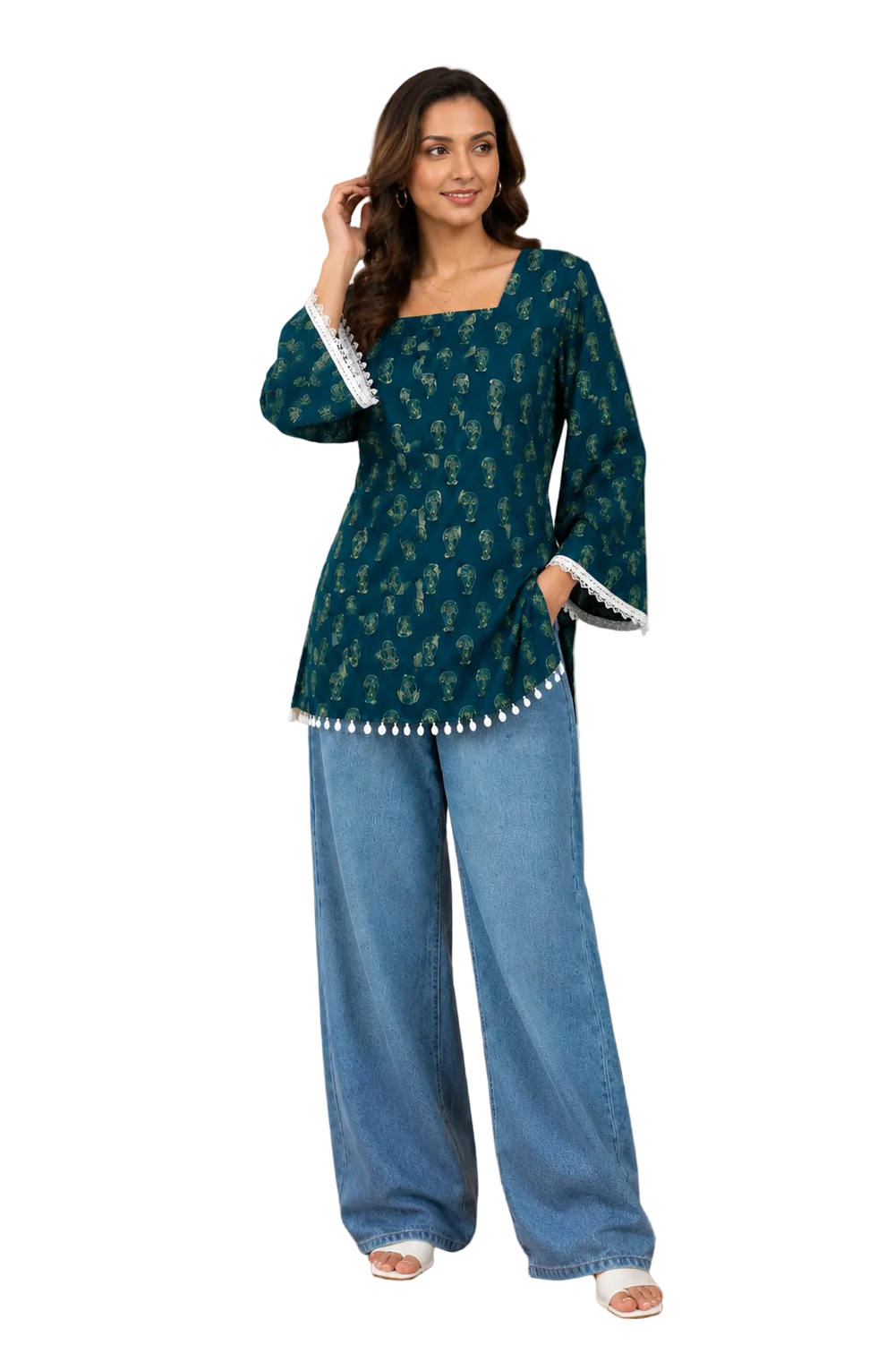 Vastraanii Women's Teal Paisley Print Cotton Top with Square Neck & Lace Detail