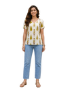 Vastraanii Women's Cream Floral Printed Cotton Top with Notch Neck