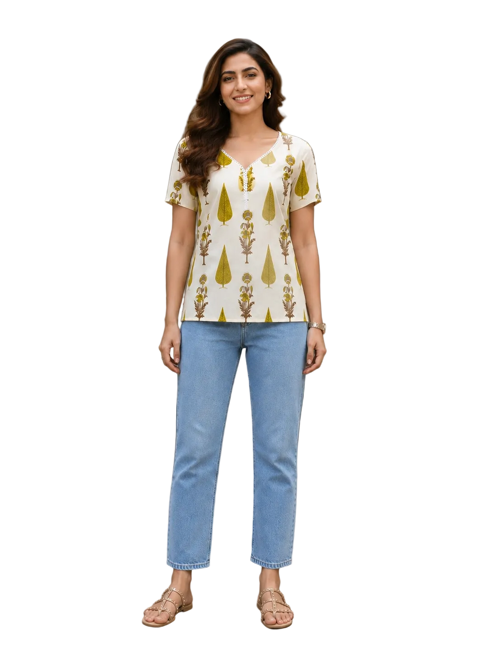 Vastraanii Women's Cream Floral Printed Cotton Top with Notch Neck