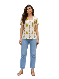 Vastraanii Women's Cream Floral Printed Cotton Top with Notch Neck