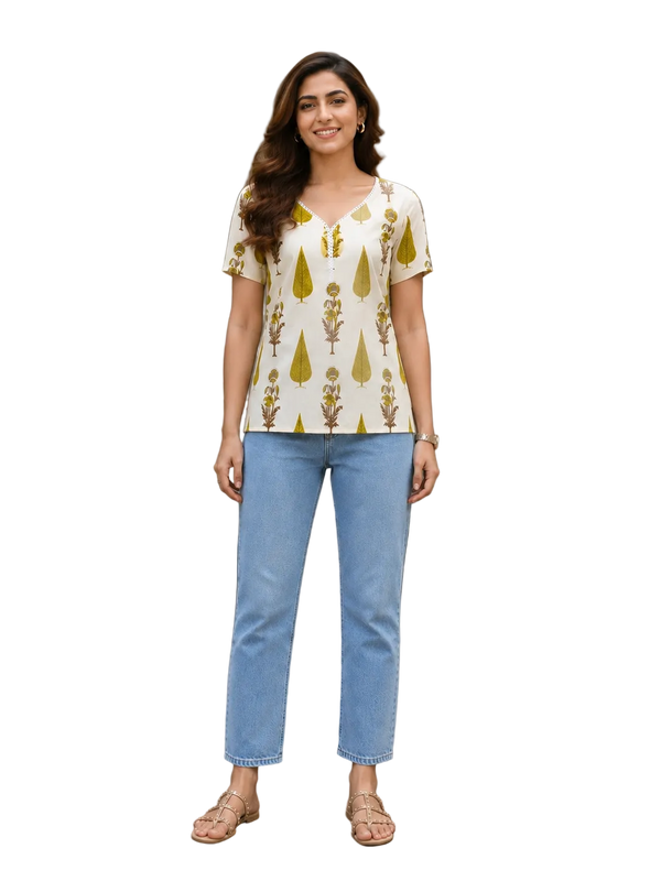 Vastraanii Women's Cream Floral Printed Cotton Top with Notch Neck