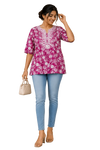 Women's Pink Floral Printed Cotton Short Kurti | Round Neck | 3/4 Sleeves | Regular Fit | Casual Ethnic Top