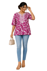 Women's Pink Floral Printed Cotton Short Kurti | Round Neck | 3/4 Sleeves | Regular Fit | Casual Ethnic Top