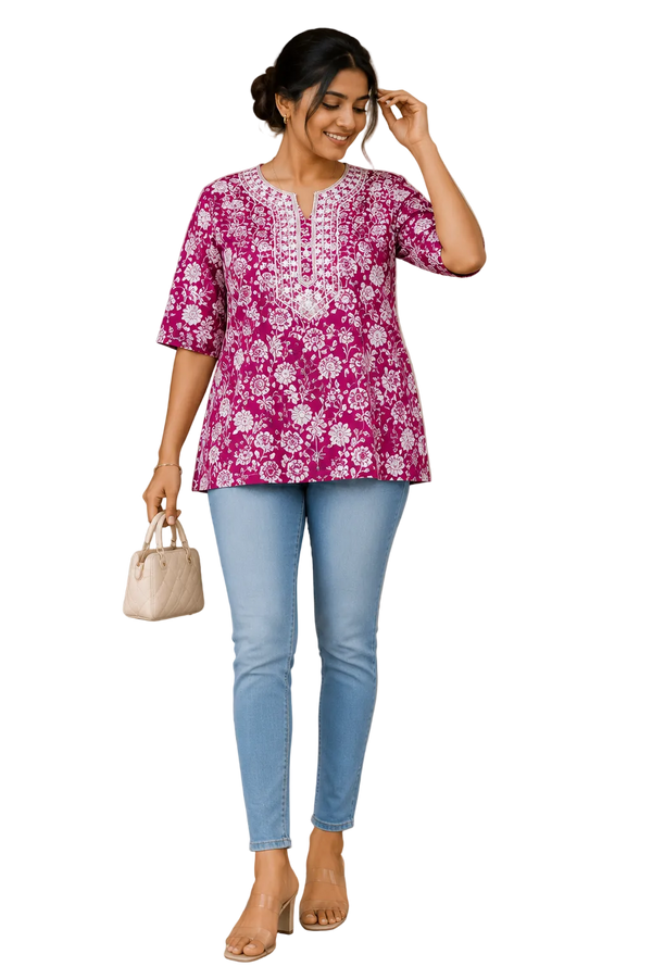 Women's Pink Floral Printed Cotton Short Kurti | Round Neck | 3/4 Sleeves | Regular Fit | Casual Ethnic Top