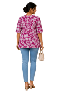 Women's Pink Floral Printed Cotton Short Kurti | Round Neck | 3/4 Sleeves | Regular Fit | Casual Ethnic Top