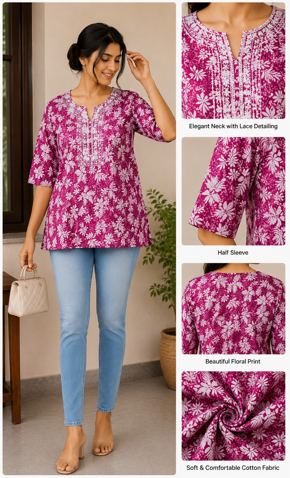 Women's Pink Floral Printed Cotton Short Kurti | Round Neck | 3/4 Sleeves | Regular Fit | Casual Ethnic Top