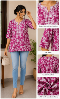Women's Pink Floral Printed Cotton Short Kurti | Round Neck | 3/4 Sleeves | Regular Fit | Casual Ethnic Top