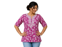 Women's Pink Floral Printed Cotton Short Kurti | Round Neck | 3/4 Sleeves | Regular Fit | Casual Ethnic Top