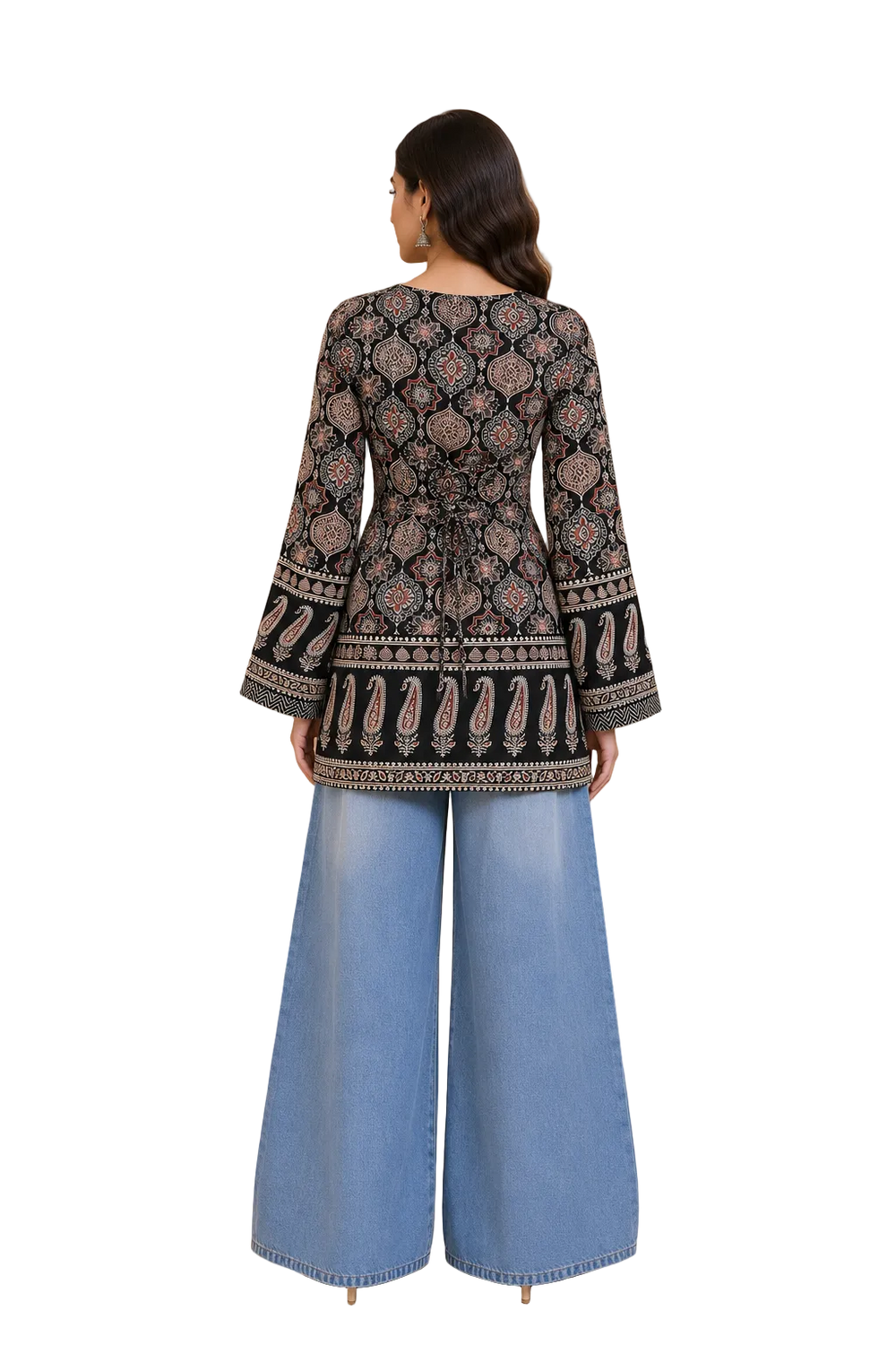 Vastraanii Black Ethnic Paisley Printed Keyhole Neck Short Kurti for Women | Bell Sleeve Indo-Western Top