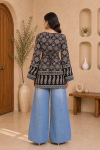 Vastraanii Black Ethnic Paisley Printed Keyhole Neck Short Kurti for Women | Bell Sleeve Indo-Western Top