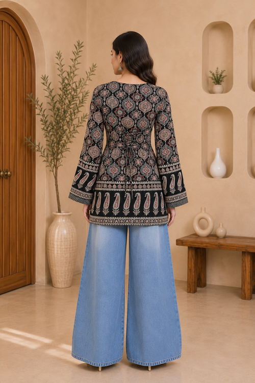 Vastraanii Black Ethnic Paisley Printed Keyhole Neck Short Kurti for Women | Bell Sleeve Indo-Western Top