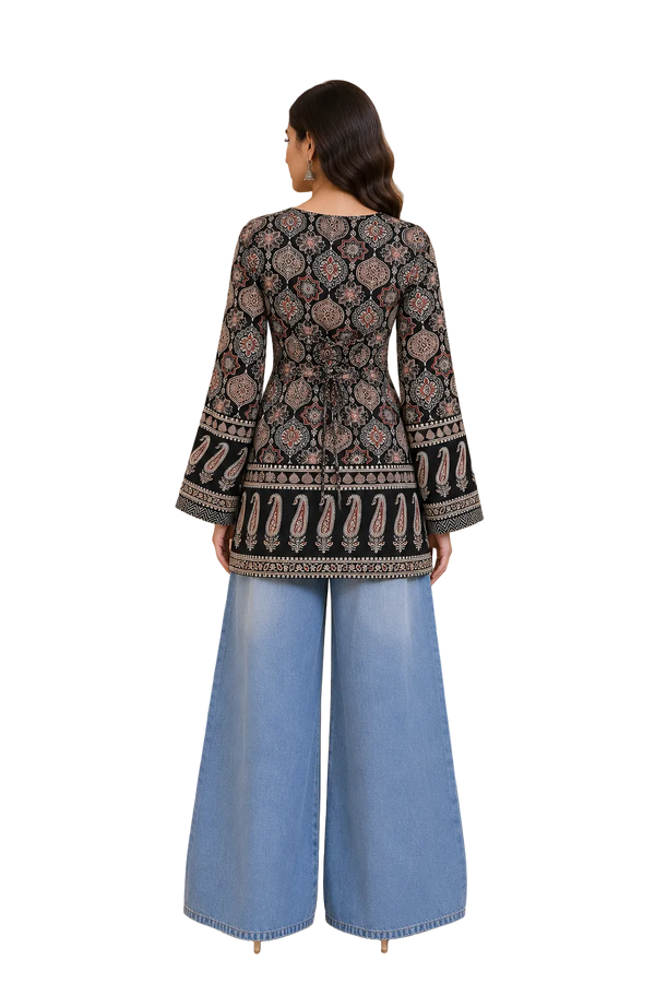 Vastraanii Black Ethnic Paisley Printed Keyhole Neck Short Kurti for Women | Bell Sleeve Indo-Western Top