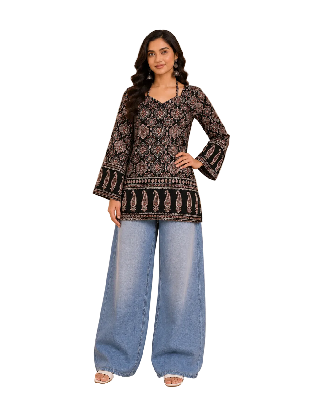 Vastraanii Black Ethnic Paisley Printed Keyhole Neck Short Kurti for Women | Bell Sleeve Indo-Western Top