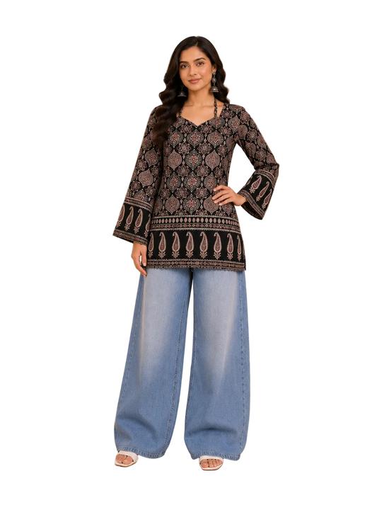 Vastraanii Black Ethnic Paisley Printed Keyhole Neck Short Kurti for Women | Bell Sleeve Indo-Western Top
