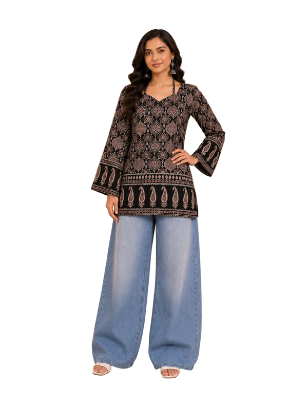 Vastraanii Black Ethnic Paisley Printed Keyhole Neck Short Kurti for Women | Bell Sleeve Indo-Western Top