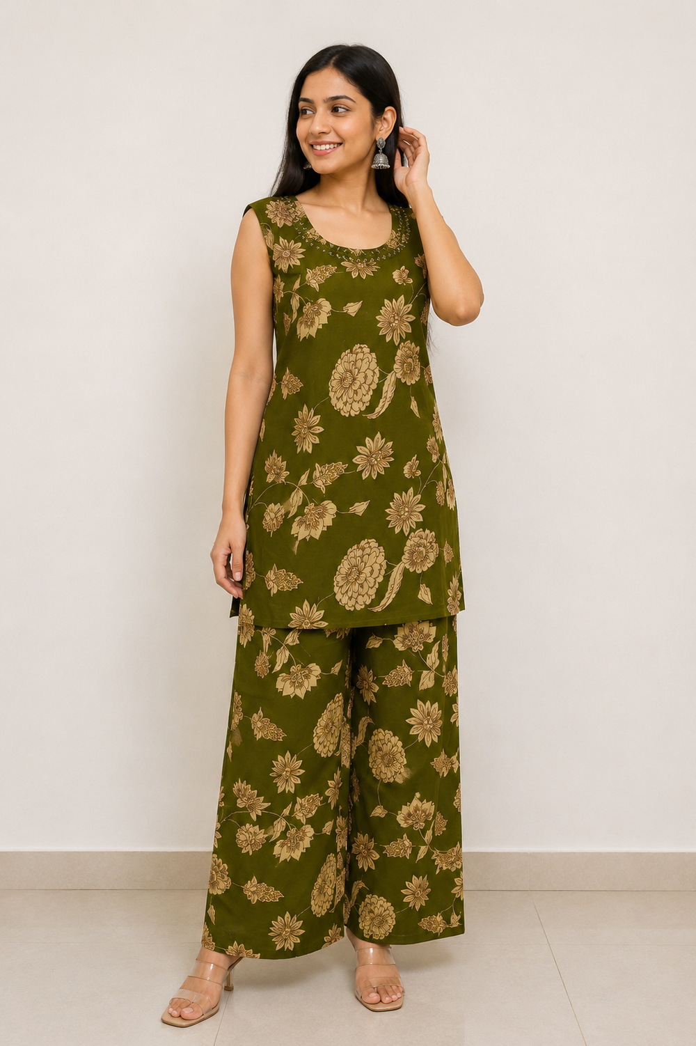 Olive Green Floral Printed Palazzo Pants for Women