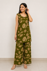 Olive Green Floral Printed Palazzo Pants for Women