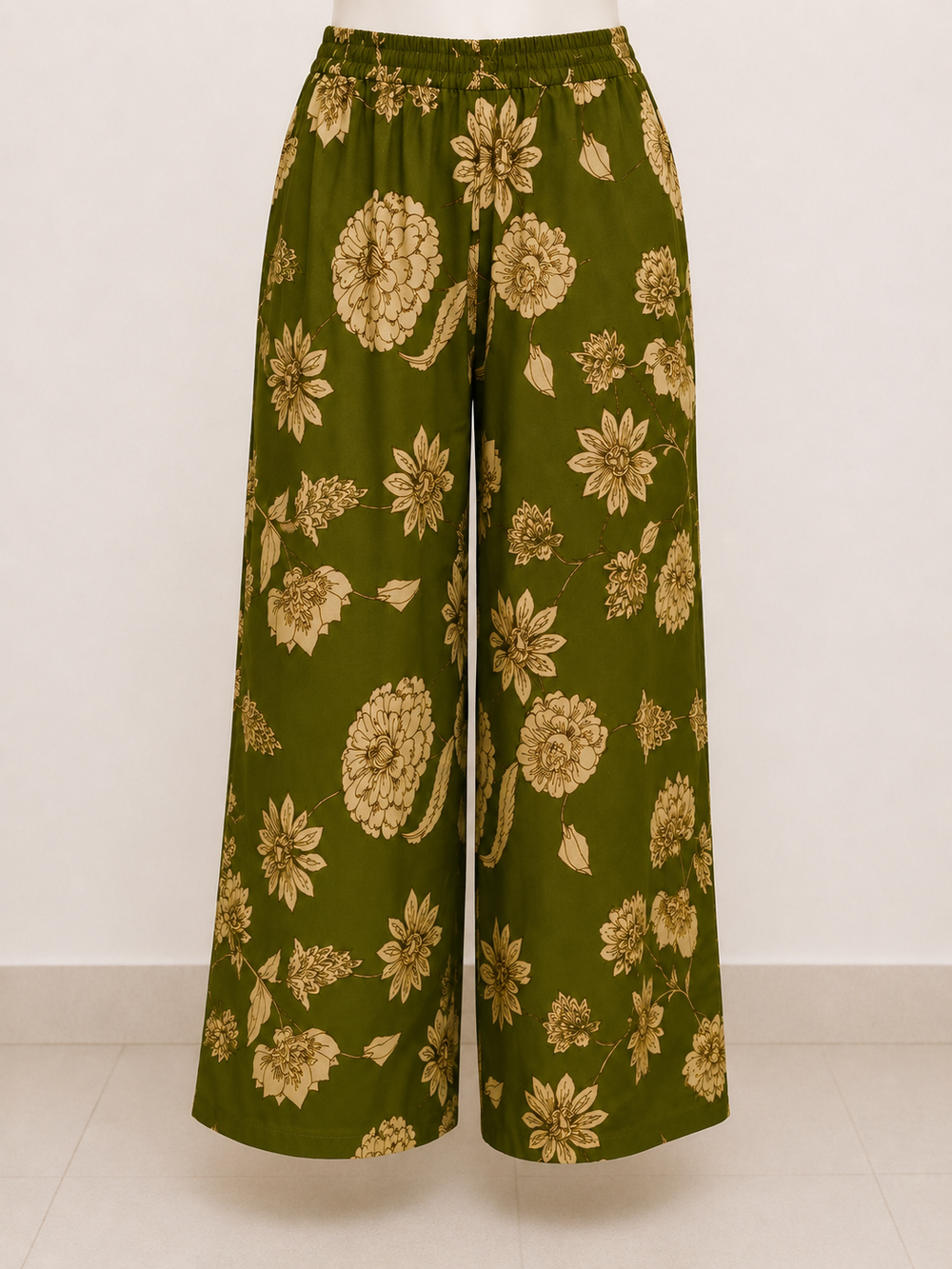 Olive Green Floral Printed Palazzo Pants for Women