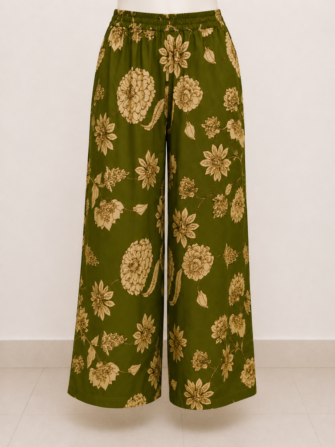 Olive Green Floral Printed Palazzo Pants for Women