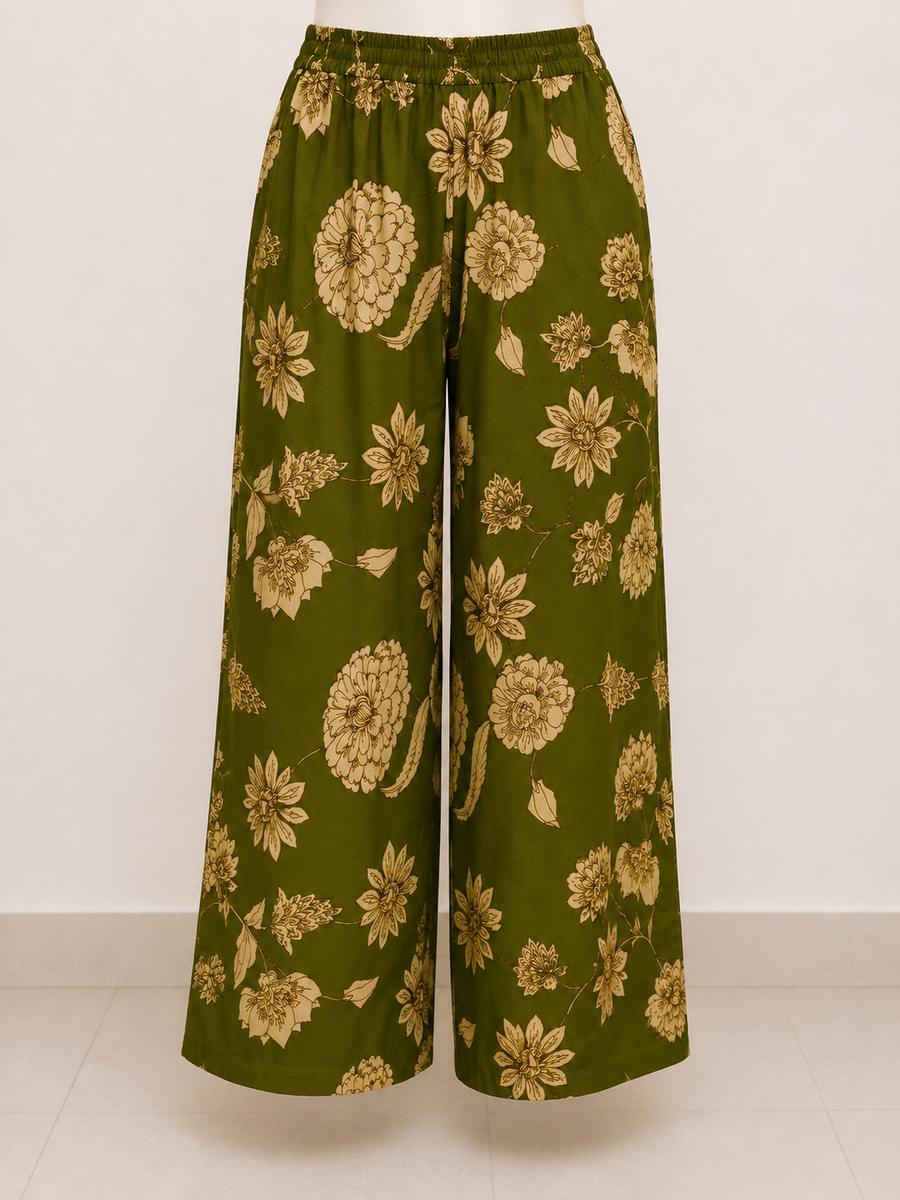 Olive Green Floral Printed Palazzo Pants for Women