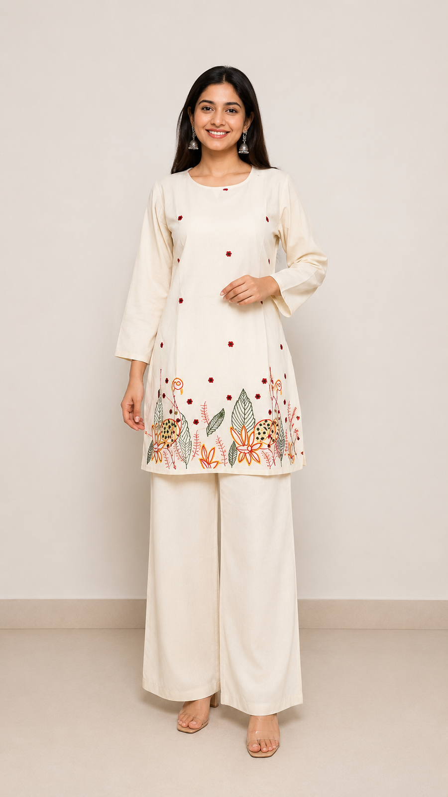 Women’s Ivory Floral Embroidered Kurta with Palazzo Set