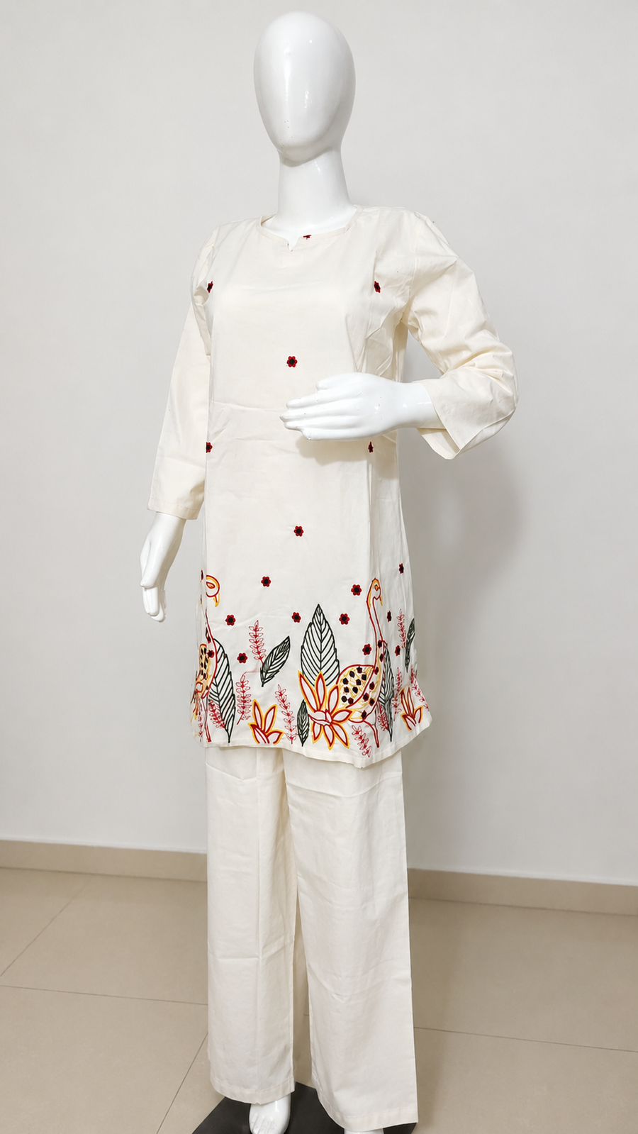 Women’s Ivory Floral Embroidered Kurta with Palazzo Set