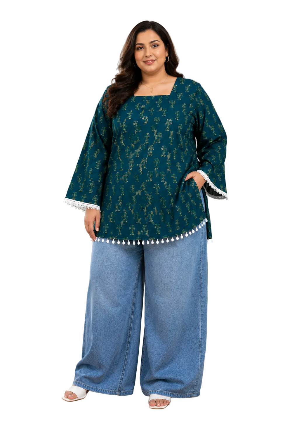 Vastraanii Women's Teal Paisley Print Cotton Top with Square Neck & Lace Detail