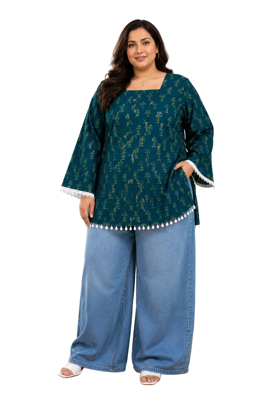 Vastraanii Women's Teal Paisley Print Cotton Top with Square Neck & Lace Detail