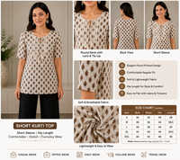 Vastraanii Women's Beige Ethnic Printed Cotton Top with Embroidered Yoke