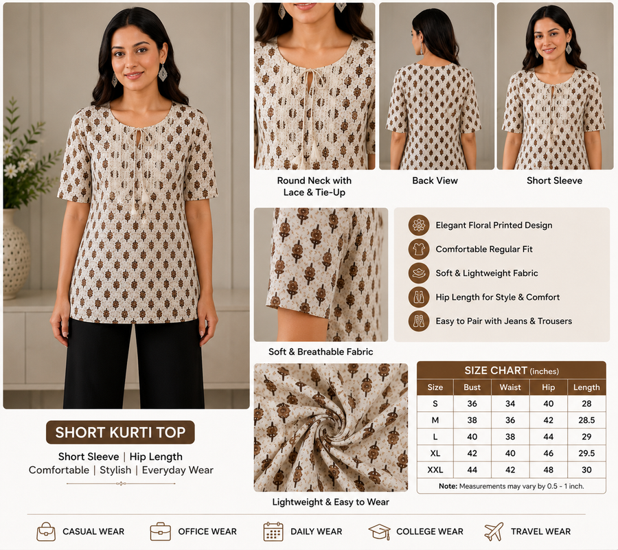 Vastraanii Women's Beige Ethnic Printed Cotton Top with Embroidered Yoke