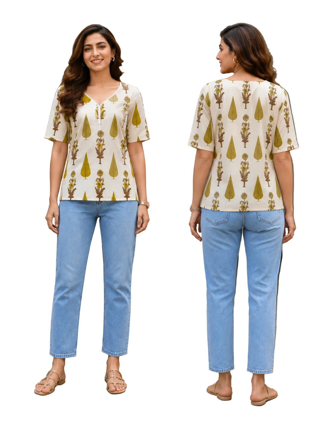 Vastraanii Women's Cream Floral Printed Cotton Top with Notch Neck