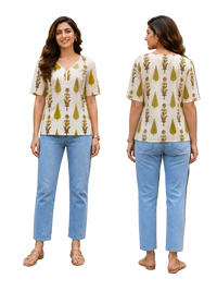Vastraanii Women's Cream Floral Printed Cotton Top with Notch Neck