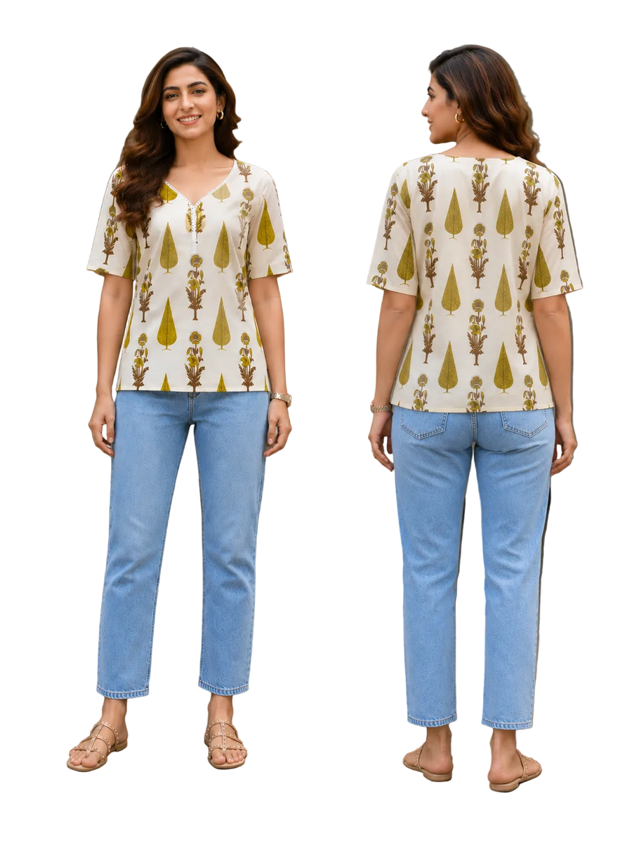 Vastraanii Women's Cream Floral Printed Cotton Top with Notch Neck