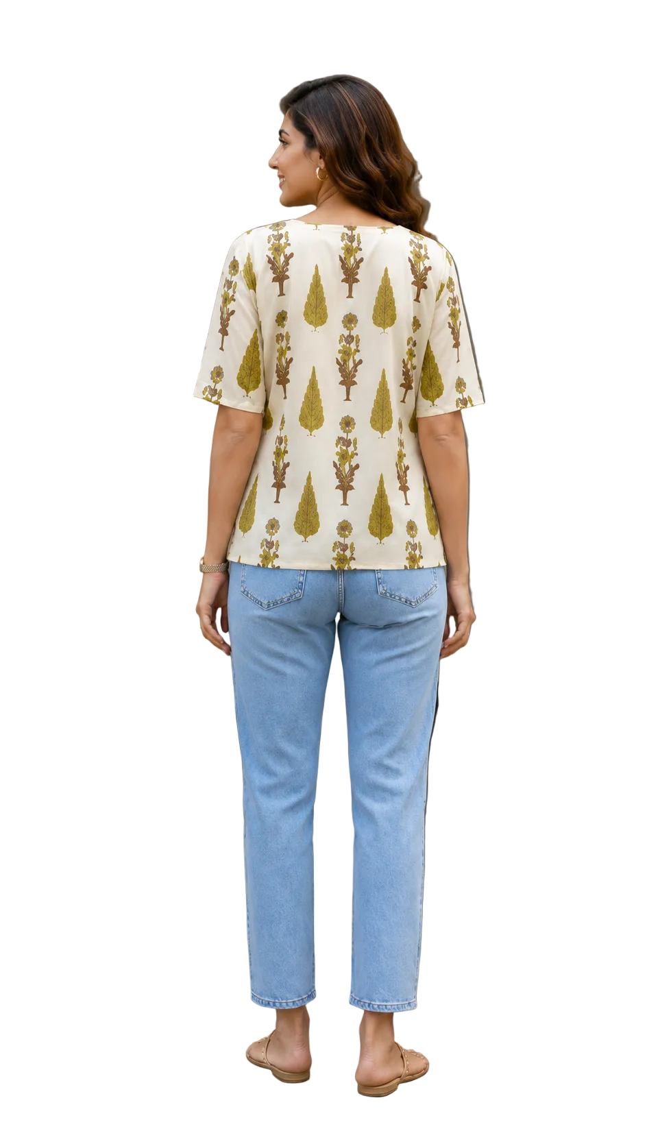 Vastraanii Women's Cream Floral Printed Cotton Top with Notch Neck
