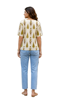 Vastraanii Women's Cream Floral Printed Cotton Top with Notch Neck