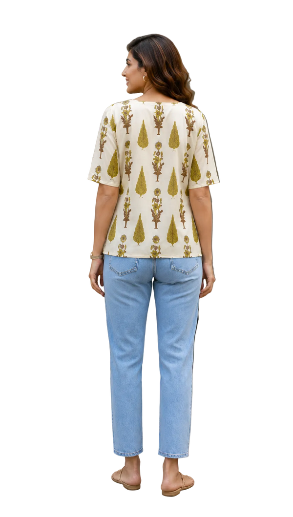 Vastraanii Women's Cream Floral Printed Cotton Top with Notch Neck