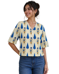 Vastraanii Women's Cream Floral Printed Cotton Top with Notch Neck