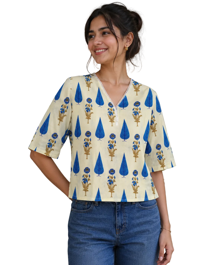 Vastraanii Women's Cream Floral Printed Cotton Top with Notch Neck