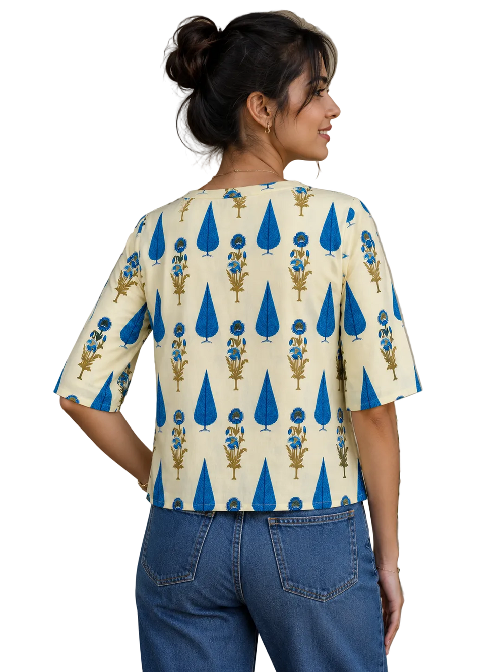 Vastraanii Women's Cream Floral Printed Cotton Top with Notch Neck